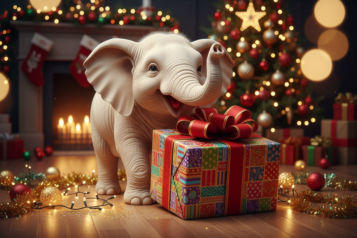 picture with a white elephant and a wrapped gift. make him sile. 